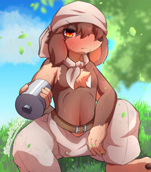 Size: 2800x3200 | Tagged: safe, artist:yotsukan, jin macchiato, basset hound, canid, caninu, dog, mammal, anthro, boy, cub, male, young, fuga: melodies of steel, little tail bronx, digital, blushing, brown eyes, clothing, daytime, doo rag, kemono, kemoshota, looking at you, navel, offering drink, outdoors, sweat, topless