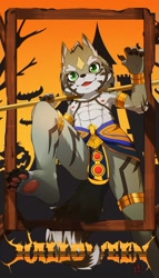 Size: 2000x3507 | Tagged: safe, artist:oniyama ryuuichi, seth (tokyo afterschool summoners), canid, jackal, mammal, anthro, boy, cub, male, muscular, solo boy, solo male, solo teen, teen, young, halloween, holiday, tokyo afterschool summoners, abs, aged down, brown fur, caption, clothing, egyptian clothing, front view, fur, gesture, kemono, kemoshota, nipples, object on shoulder, shendyt, skirt, solo, staff, tan fur, topless, waving