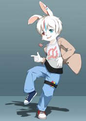 Size: 1240x1748 | Tagged: safe, artist:oniyama ryuuichi, lagomorph, mammal, rabbit, anthro, boy, cub, male, plantigrade, solo boy, solo cub, solo male, young, clothing, fur, hair, heterochromia, jacket, jewelry, kemono, kemoshota, multicolored hair, necklace, open jacket, pants, shoes, sneakers, solo, white fur