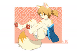 Size: 1748x1240 | Tagged: safe, artist:oniyama ryuuichi, canid, mammal, anthro, boy, cub, male, plantigrade, solo boy, solo cub, solo male, young, blonde hair, bulge, clothing, fundoshi, fur, hair, pawpads, solo, tan fur, topless
