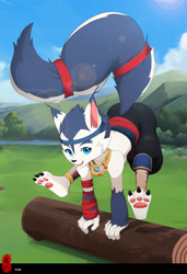 Size: 1240x1816 | Tagged: safe, artist:oniyama ryuuichi, seya wolf, canid, wolf, anthro, boy, male, solo boy, solo male, solo teen, teen, young, the great warrior wall, daytime, looking at you, outdoors, smiling, solo, white fur