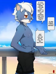 Size: 1500x2000 | Tagged: safe, artist:oniyama ryuuichi, ambiguous species, mammal, boy, cub, male, solo boy, solo cub, solo male, young, translated, amber eyes, beach, blue fur, clothing, daytime, dialogue, english text, fur, hair, kemono, kemoshota, nipples, off-screen character, outdoors, shorts, solo, topless, white fur