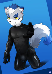 Size: 1240x1748 | Tagged: suggestive, artist:oniyama ryuuichi, fox, kitsune, anthro, boy, male, solo boy, solo male, solo teen, teen, young, blue fur, blue hair, bulge, dipstick tail, fur, gray fur, hair, kemono, latex, latex suit, multicolored hair, smiling, solo, tail