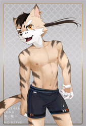 Size: 2430x3568 | Tagged: safe, artist:oniyama ryuuichi, anthro, boy, cub, male, slender, solo boy, solo male, solo teen, teen, twink, young, abs, amber eyes, clothing, fur, kemono, kemoshota, navel, nipples, pecs, shorts, solo, tan fur, topless, wet, white fur