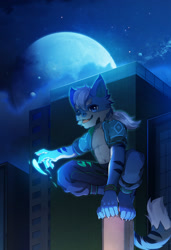 Size: 1240x1816 | Tagged: safe, artist:oniyama ryuuichi, big cat, felid, mammal, tiger, anthro, boy, cub, male, solo boy, solo cub, solo male, young, blue eyes, blue fur, full moon, fur, kemono, kemoshota, magic, moon, navel, nighttime, open shirt, outdoors, solo, stripes, white fur