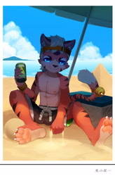 Size: 2232x3408 | Tagged: safe, artist:oniyama ryuuichi, big cat, felid, mammal, tiger, anthro, boy, cub, male, plantigrade, solo boy, solo cub, solo male, young, beach, blue eyes, clothing, drink, fur, kemono, kemoshota, looking at you, navel, nipples, ocean, orange fur, pecs, sand, smiling, smiling at you, solo, stripes, topless, white fur
