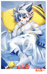 Size: 1725x2724 | Tagged: safe, artist:oniyama ryuuichi, white tiger kogenta, felid, mammal, tiger, boy, male, solo boy, solo male, solo teen, teen, young, onmyou taisenki, amber eyes, bed, blue fur, blue hair, clothing, fundoshi, fur, hair, lying, multicolored hair, pillow, solo, topless, white fur