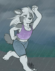Size: 744x963 | Tagged: safe, artist:rick griffin, oc:dean (q), border collie, canid, collie, dog, mammal, anthro, boy, cub, male, solo boy, solo cub, solo male, young, 2016, clothing, raining, running, shorts, solo, tank top, wet, wet clothes