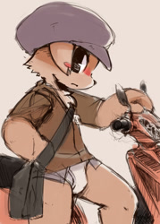 Size: 600x839 | Tagged: safe, artist:kuroisumi, canid, dog, mammal, anthro, boy, cub, male, solo boy, solo cub, solo male, young, blushing, briefs, clothing, hat, kemono, kemoshota, moped, no pants, solo, t-shirt, underwear, vehicle