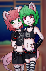 Size: 2988x4616 | Tagged: safe, artist:hyperion, oc:dibbun (mousarchy), oc:edgar (mousarchy), mammal, murid, rat, rodent, anthro, anthro/anthro, boy, boy/boy, cub, cub/cub, femboy, male, male/male, teen, young, young/young, brothers, clothing, collar, crop top, crossdressing, duo, goth, jewelry, punk, shorts, siblings, skirt