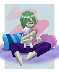 Size: 847x1060 | Tagged: safe, artist:nerdmouse, oc:lambchop, oc:sam (nerdmouse), canid, dog, mammal, anthro, boy, femboy, male, plantigrade, young, clothing, crying, hug, pants, pillow, plushie, sad, tears