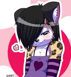 Size: 629x690 | Tagged: safe, artist:nerdmouse, oc:zed (nerdmouse), big cat, felid, leopard, mammal, boy, cub, femboy, male, solo boy, solo cub, solo male, young, blushing, bust portrait, crossdressing, smiling, solo