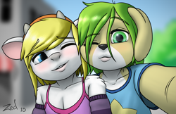 Size: 1500x972 | Tagged: safe, artist:nerdmouse, oc:lambchop, oc:sam (nerdmouse), bovid, canid, dog, mammal, sheep, anthro, anthro/anthro, boy, boy/boy, femboy, male, male/male, teen, teen/teen, young, young/young, photo background, blonde hair, blue eyes, blushing, clothing, crossdressing, duo, fur, green eyes, hair, horns, outdoors, selfie, tan fur, white fur, winking