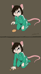 Size: 963x1742 | Tagged: grimdark, artist:nerdmouse, mammal, mouse, rodent, anthro, boy, male, solo boy, solo male, solo teen, teen, young, squid game, cookie, food, fur, glasses, implied suicide, sequence, solo, tail, tracksuit, white fur