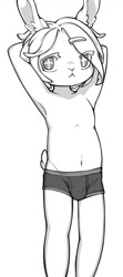Size: 577x1300 | Tagged: safe, artist:ryess, oc:ryess, lagomorph, mammal, rabbit, boy, cub, male, solo boy, solo cub, solo male, young, alternate version, briefs, bulge, clothing, cross eyes, featureless chest, fur, hair, kemono, kemoshota, looking at you, solo, standing, topless, underwear