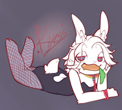 Size: 1000x900 | Tagged: safe, artist:ryess, oc:ryess, lagomorph, mammal, rabbit, anthro, boy, cub, male, solo boy, solo cub, solo male, young, colored, flat colored, carrot, collar, cross eyes, fishnet, food, fur, kemono, kemoshota, looking at you, red eyes, smiling, solo, white fur
