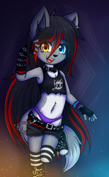 Size: 1844x3000 | Tagged: safe, artist:hyperion, oc:kayla kitsune, canid, fox, hybrid, mammal, wolf, anthro, female, girl, solo female, solo girl, solo teen, teen, young, clothing, crop top, hair, heterochromia, jewelry, long hair, multicolored hair, navel, panties, shorts down, solo, underwear