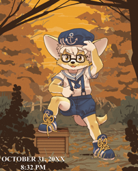 Size: 1000x1240 | Tagged: safe, artist:harmarist, oc:riggles, canid, corgi, dog, mammal, anthro, boy, cub, male, plantigrade, solo boy, solo cub, solo male, young, glasses, hat, looking at you, outdoors, sailor outfit, shoes, shorts, smiling, smiling at you, sneakers, solo, suspenders