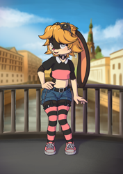 Size: 2480x3508 | Tagged: safe, artist:minum, oc:jekan, lagomorph, mammal, rabbit, anthro, boy, cub, femboy, male, plantigrade, solo boy, solo cub, solo male, young, belt, big butt, city, daytime, goggles, goggles on head, outdoors, posing, shoes, sneakers, solo, stockings
