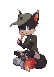 Size: 2480x3508 | Tagged: safe, artist:minum, canid, dog, mammal, anthro, boy, cub, male, plantigrade, solo boy, solo cub, solo male, young, clothing, kemono, kemoshota, lollipop, looking at you, shoes, shorts, sitting, sneakers, solo, suggestive food, tail, transparent background
