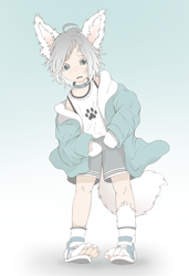 Size: 2760x4032 | Tagged: safe, artist:makioraku, oc:sasha yuki, canid, dog, human, hybrid, kemonomimi, mammal, anthro, boy, cub, kid, male, solo boy, solo cub, solo kid, solo male, young, clothing, collar, ears up, jacket, kemono, kemoshota, pawpads, paws, shorts, shotacon, solo, standing, tank top, toe claws, torn clothes, transfur