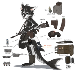 Size: 3450x3200 | Tagged: safe, artist:makioraku, canid, hybrid, mammal, wolf, anthro, boy, cub, male, solo boy, solo male, solo teen, teen, young, reference sheet, english text, fur, gun, kemono, kemoshota, nudity, on one leg, paws, solo, standing, tail fin, text, weapon