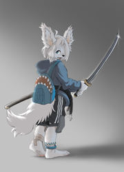 Size: 2760x3840 | Tagged: safe, artist:makioraku, oc:sasha yuki, canid, dog, mammal, wolf, anthro, boy, cub, male, solo boy, solo cub, solo male, young, 4 toes, backpack, barefoot, big ears, blue eyes, cheek tuft, feet, fluffy ears, fur, hair, katana, kemono, kemoshota, pawpads, paws, shorts, solo, sword, tail, toes, weapon, white fur