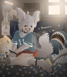 Size: 2760x3200 | Tagged: suggestive, artist:makioraku, oc:sasha yuki, canid, dog, mammal, wolf, anthro, boy, cub, male, male/male, plantigrade, young, 4 toes, 5 fingers, barefoot, bdsm, bed, bedding, blue eyes, bondage, bound, clothing, collar, cuffs, duo, erection, erection under clothing, fang, feet, fingers, fluffy ears, foot fetish, foot play, fur, gun, hair, indoors, kemono, kemoshota, laughing, pawpads, paws, penis, petplay, pillow, posing, precum, restraints, saliva, shackles, smiling, solo focus, tears, teeth, text, tickling, tickling feet, toes, trembling, weapon, wet, wet clothes, white fur