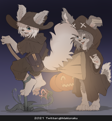 Size: 3105x3360 | Tagged: suggestive, artist:makioraku, oc:misha makioraku, oc:sasha yuki, canid, dog, mammal, wolf, anthro, boy, cub, male, male/male, young, holiday, bag, bandage, bedroom eyes, blue eyes, clothing, duo, feet, floppy ears, food, foot fetish, foot play, fruit, fur, gray fur, hair, hat, kemono, kemoshota, licking, magic, pawpads, paws, plant, pumpkin, robe, saliva, smiling, tentacles, tickling, tongue, tongue out, trembling, white fur