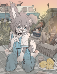 Size: 2236x2880 | Tagged: safe, artist:makioraku, canid, mammal, wolf, anthro, boy, cub, male, solo boy, solo cub, solo male, young, colored, flat colored, 4 toes, 5 fingers, bandage, barefoot, basket, blue eyes, bread, can, car, claws, clothing, collar, detailed background, eyebrows, feet, finger claws, fingers, fire extinguisher, floppy ears, food, fork, fruit, fur, grass, gray fur, gun, hair, ice cube, kemono, kemoshota, kitchen utensils, kneeling, knife, ladder, leash, light bulb, napkin, overalls, pawpads, paws, picnic, picnic basket, plant, plate, sky, smiling, solo, spiked collar, spikes, starfruit, tail, teeth, telescope, tent, toe claws, toes, tongue, tool, vehicle, weapon, white fur