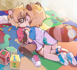 Size: 2048x1850 | Tagged: safe, artist:ottpupp, mammal, mustelid, otter, raccoon, anthro, cub, female, female/female, girl, girl/girl, young, young/young, bottomless, clothing, diaper, duo, glasses, kissing, shoes, toy blocks