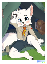 Size: 800x1100 | Tagged: safe, artist:spunkie, oc:pentrep, artic fox, canid, dog, fox, mammal, anthro, boy, cub, male, plantigrade, young, cub scouts, bulge, clothing, looking at you, solo, underwear