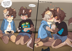 Size: 4093x2894 | Tagged: safe, artist:mixterious, oc:mixxy, oc:percy (primeambition), canid, dog, ferret, hybrid, mammal, mustelid, shepherd, anthro, anthro/anthro, boy, boy/boy, cub, cub/cub, male, male/male, plantigrade, young, young/young, bulge, dialogue, duo, english text, fully clothed, hand holding, hearts around head, kissing, off-screen character, sequence, shorts, speech bubble