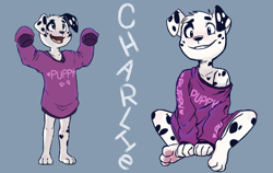 Size: 1139x720 | Tagged: safe, artist:outrageousbehavior, canid, dalmatian, dog, mammal, anthro, cub, male, plantigrade, young, clothing, oversized shirt, sweater