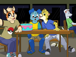 Size: 4000x3000 | Tagged: safe, artist:halcyon winter, oc:moof, oc:rethex, oc:salmy, arcanine, big cat, canid, cheetah, dog, felid, growlithe, mammal, pokemon (species), anthro, cub, male, male/male, plantigrade, young, pokémon, birthday, birthday party, blushing, clothing, licking cheek, public play, smiling, stripes, underwear