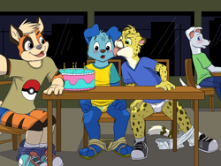 Size: 4000x3000 | Tagged: safe, artist:halcyon winter, oc:moof, oc:rethex, oc:salmy, arcanine, big cat, canid, cheetah, dog, felid, growlithe, mammal, pokemon (species), anthro, cub, male, male/male, plantigrade, young, pokémon, alternate version, birthday, birthday party, blushing, clothing, licking cheek, public play, smiling, stripes, underwear