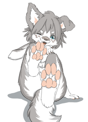 Size: 2300x3200 | Tagged: safe, artist:makioraku, oc:misha makioraku, canid, mammal, wolf, anthro, boy, cub, male, solo boy, solo cub, solo male, young, 4 toes, bandage, barefoot, blue eyes, claws, feet, floppy ears, foot focus, freckles, fur, gray fur, hair, kemono, kemoshota, looking at you, nudity, pawpads, paws, smiling, solo, tail, toe claws, toes, white fur
