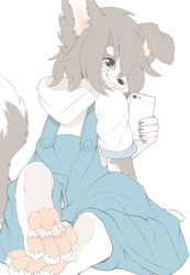 Size: 829x1199 | Tagged: safe, artist:makioraku, oc:misha makioraku, canid, mammal, wolf, anthro, boy, cub, male, solo boy, solo cub, solo male, young, colored, flat colored, 4 toes, barefoot, blue eyes, claws, clothing, feet, floppy ears, foot focus, freckles, fur, gray fur, hair, kemono, kemoshota, mobile phone, overalls, pawpads, paws, phone, selfie, smiling, solo, tail, toes, white fur