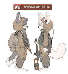 Size: 3220x3520 | Tagged: safe, artist:makioraku, oc:misha makioraku, oc:sasha yuki, canid, dog, mammal, wolf, anthro, boy, boys only, cub, cubs only, male, male/male, males only, young, colored, flat colored, 4 toes, barefoot, blue eyes, clothing, duo, feet, floppy ears, fur, gray fur, gun, hair, kemono, kemoshota, military, paws, smiling, toes, tongue, tongue out, weapon, white fur