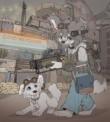 Size: 2300x2560 | Tagged: safe, artist:makioraku, oc:misha makioraku, oc:sasha yuki, canid, dog, mammal, wolf, anthro, boy, cub, feral, male, young, fallout, fallout 4, 4 toes, barefoot, blue eyes, clothing, collar, dirty, duo, feet, floppy ears, fur, furries with pets, gray fur, gun, hair, kemono, kemoshota, nudity, paws, pet, pip-boy, smiling, toes, tongue, tongue out, wasteland, weapon, white fur