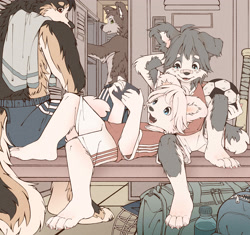 Size: 3125x2942 | Tagged: safe, artist:makioraku, oc:misha makioraku, oc:sasha yuki, canid, dog, mammal, wolf, anthro, boy, cub, male, young, alternate version, bandage, barefoot, claws, feet, finger claws, gaming, group, head in lap, kemono, kemoshota, locker room, lockers, sportswear, toe claws, topless