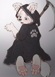 Size: 2480x3508 | Tagged: safe, artist:makioraku, oc:sasha yuki, canid, dog, mammal, anthro, boy, cub, male, solo boy, solo cub, solo male, young, halloween, holiday, 4 toes, beanie, blushing, claws, clothing, costume, feet, fur, grim reaper costume, hair, hat, hoodie, kemono, kemoshota, pawpads, paws, shy, solo, toe claws, toes, white fur