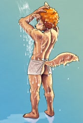 Size: 811x1200 | Tagged: suggestive, artist:akimo, canid, mammal, anthro, boy, cub, male, plantigrade, solo boy, solo cub, solo male, young, digital, 2024, butt, clothing, fur, shower, solo, topless, towel, towel around waist, water, wet