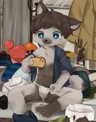 Size: 2917x3688 | Tagged: safe, artist:kintubaovo, canid, fox, mammal, anthro, boy, cub, male, plantigrade, solo boy, solo cub, solo male, young, colored, digital, blue eyes, fundoshi, fur, kemono, kemoshota, kimono, licking lips, mobile phone, solo, undressing, undressing self
