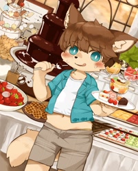 Size: 1924x2396 | Tagged: safe, artist:kintubaovo, anthro, boy, chubby, cub, male, solo boy, solo cub, solo male, young, blue eyes, blushing, brown hair, eating, fur, kemono, kemoshota, navel, solo, tan fur
