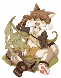 Size: 2810x3600 | Tagged: safe, artist:kintubaovo, canid, dragon, mammal, mythological creature, anthro, boy, cub, feral, male, plantigrade, solo boy, solo cub, solo male, young, digital, blushing, brown hair, clothing, collar, fang, fur, green eyes, kemono, kemoshota, leash, navel, shorts, solo, solo focus