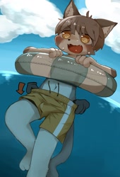 Size: 1326x1953 | Tagged: safe, artist:kintubaovo, cat, felid, anthro, boy, cub, male, solo boy, solo cub, solo male, young, clothing, disembodied hand, floating, fur, hair, imminent exposure, inflatable, inner tube, kemono, kemoshota, pool float, solo, swim trunks, swimsuit, topless, undressing, undressing partner, water