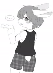 Size: 1389x1920 | Tagged: safe, artist:kintubaovo, lagomorph, mammal, rabbit, anthro, boy, cub, male, solo boy, solo cub, solo male, young, grayscale, blushing, clothing, dialogue, fur, hair, japanese text, kemono, kemoshota, solo