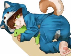 Size: 2991x2374 | Tagged: safe, artist:kintubaovo, canid, dog, mammal, anthro, boy, cub, male, plantigrade, solo boy, solo cub, solo male, young, brown fur, brown hair, fur, green eyes, hood up, kemono, kemoshota, kigurumi, looking at you, on all fours, pawpads, solo