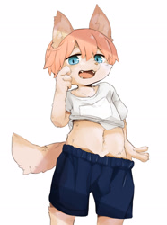 Size: 2145x2885 | Tagged: safe, artist:kintubaovo, canid, mammal, anthro, boy, cub, male, solo boy, solo cub, solo male, young, blue eyes, fang, fur, kemono, kemoshota, looking at you, shorts, solo, undressing, undressing self